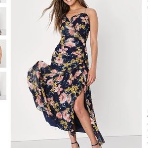 Stunning Soiree Navy Blue Floral Print Ruched Midi Dress